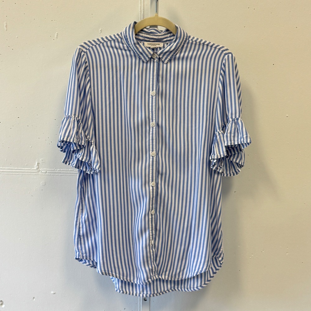 Beachlunchlounge Blue White Striped Ruffle Sleeve Button Down Shirt Womens Med